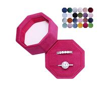 BLUTETE Boîte à bijoux en velours à 2 emplacements pour bagues de fiançailles, mariage, souvenirs, bague photo de mariée, double fente octogonale (framboise)