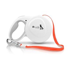 BLUZELLE Laisse Enrouleur 8m pour Chien Jusqu’à 50 kg, Blanc | Sangle nylon réfléchissante orange fluo, Bouton de blocage à une main, Mousqueton métal 360°, Petit & grand chien