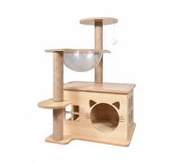 BLWOTMOR Arbre Tour Maisonnette Structure Compacte à Niveaux avec Griffoirs et Cachette Coque Transparente pour Observer Base, Bois Clair, Arbre À Chat avec Maison De Chat Et Capsule Spatiale K3