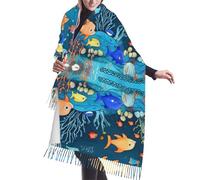 BLWSLC Blue Underwater World of Fish Écharpe à pompons pour femme, parfaite pour superposer sur un manteau, un pull ou un costume au printemps, en automne et en hiver.