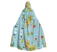 BLWSLC Cape à capuche simple imprimée carte du monde Halloween costume de scène adulte cape à capuche sans fermeture éclair adaptée pour bal masqué cosplay