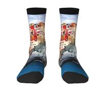 BLWSLC Chaussettes mi-mollet à imprimé paysage Cinque Terre, chaussettes de sport blanches extensibles adaptées pour la course et le quotidien., 2 Noir-1, Taille unique