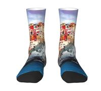 BLWSLC Chaussettes mi-mollet à imprimé paysage Cinque Terre, chaussettes de sport blanches extensibles adaptées pour la course et le quotidien., 2 Noir-2, Taille unique