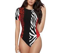 BLWSLC Combinaison à manches courtes imprimé léopard rouge et zèbre | Combinaison de yoga à col rond | Combinaison de sport décontractée, Noir , XXL