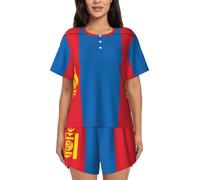 BLWSLC Ensemble de pyjama 2 pièces pour femme avec motif drapeau mongol - Haut à manches courtes et short, Noir, X-Large-5X-Large