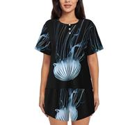 BLWSLC Ensemble de pyjama à col rond imprimé méduses pour femme, adapté pour les soirées pyjama et les vacances à la plage, Noir , M