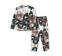 BLWSLC Ensemble de pyjama à manches longues et boutons pour femme avec imprimé fleurs et papillons, Noir , XXL