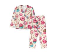 BLWSLC Ensemble de pyjama coloré pour femme avec imprimé cupcake sucette et donut à manches longues et boutons, Noir , XL