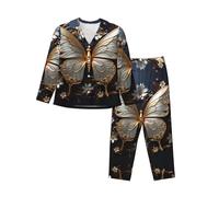BLWSLC Ensemble de pyjama décontracté à manches longues pour femme - Imprimé papillons blancs dorés - Vêtement de détente indispensable pour les vacances, Noir/blanc, S