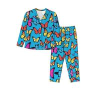 BLWSLC Ensemble de pyjama décontracté à manches longues pour femme - Imprimé papillons colorés - Un incontournable pour les vacances, Noir, XL