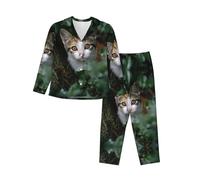 BLWSLC Ensemble de pyjama décontracté à manches longues pour femme, motif chat derrière l'arbre, vêtement de détente, un must have pour les vacances, Noir/blanc, L