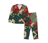 BLWSLC Ensemble de pyjama décontracté à manches longues pour femme, vêtement de détente imprimé Ukiyo-e japonais, un must have pour les vacances, Noir/blanc, L