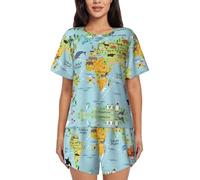 BLWSLC Ensemble de pyjama décontracté imprimé carte du monde pour femme, adapté pour un usage quotidien à la maison, le yoga et les vacances, Noir , L