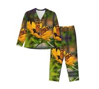 BLWSLC Ensemble de pyjama pour femme imprimé tournesol et papillons à manches longues boutonnés, Noir , L