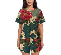 BLWSLC Japanese Ukiyo-e Ensemble de pyjama pour femme - Haut à manches courtes et short - Ensemble pyjama 2 pièces, Noir/blanc, 4X-Large-5X-Large
