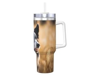 BLWSLC Mug à double paroi en acier inoxydable imprimé Border Collie avec poignée couvercle et paille Convient pour l'eau et le café 1,2 l