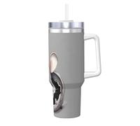 BLWSLC Mug à double paroi en acier inoxydable imprimé rat gris avec poignée couvercle et paille Convient pour l'eau et le café 1,2 l