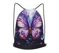 BLWSLC Sac à dos de voyage avec cordon de serrage et imprimé papillon violet et fleurs - Sac à dos de gym portable adapté pour les voyages courts, noir, Small
