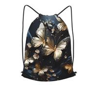 BLWSLC Sac à dos de voyage avec cordon de serrage et imprimé papillons blancs dorés et noirs - Idéal pour les voyages courts, noir, Medium