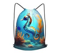 BLWSLC Sac à dos de voyage avec cordon de serrage imprimé hippocampe corail, sac à dos de gym, sac à cordon de serrage, adapté pour les voyages courts, noir, Small