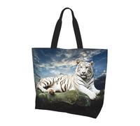 BLWSLC Sac fourre-tout à motif poisson au crépuscule, sac de voyage pour le shopping quotidien, la plage et le fitness, Tigre majestueux se reposant sur un rocher avec un ciel nuageux, Taille unique