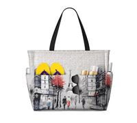 BLWSLC Sac fourre-tout de plage imprimé Paris Street Tour Eiffel Sac de piscine léger et pliable adapté pour les voyages et la salle de sport