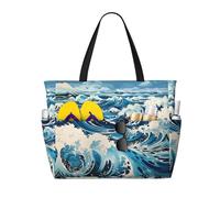 BLWSLC Sac fourre-tout pliable style Ukiyo-e imprimé vagues sac fourre-tout voyage plage sac léger et portable adapté pour une utilisation en voyage et salle de sport
