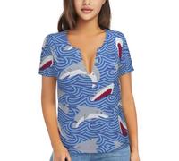 BLWSLC T-shirt élastique à manches courtes col en V profond pour le | T-shirt élastique à manches courtes avec col en V profond imprimé poisson pour le shopping ou les rendez-vous galants