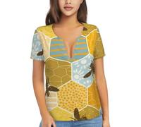BLWSLC T-shirt élastique à manches courtes col en V profond pour le | T-shirt élastique à manches courtes avec imprimé géométrique nid d'abeille pour le shopping ou les rendez-vous galants