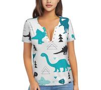 BLWSLC T-shirt élastique à manches courtes col en V profond pour le | T-shirt élastique à manches courtes avec imprimé dinosaure et col en V profond pour le shopping ou les rendez-vous galants