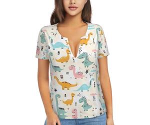 BLWSLC T-shirt élastique à manches courtes col en V profond pour le | T-shirt élastique à manches courtes et col en V profond imprimé dinosaure pour le shopping ou les rendez-vous galants