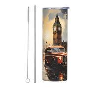 BLWSLC Tasse à café de voyage avec paille imprimée taxi de Londres, convient pour le bureau et les voyages, 590 ml