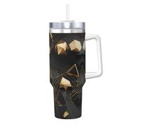 BLWSLC Tasse à double paroi en acier inoxydable avec couvercle à poignée et paille pour l'eau et le café Noir/doré 1,2 l