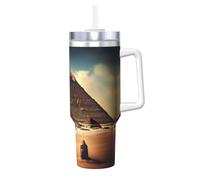 BLWSLC Tasse à double paroi en acier inoxydable avec poignée, couvercle et paille pour l'eau et le café Motif Dreaming of the Pyramids of Khoufu 1,2 l