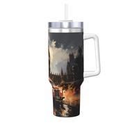 BLWSLC Tasse à double paroi en acier inoxydable avec poignée couvercle et paille pour l'eau et le café Motif taxi londonien