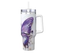 BLWSLC Tasse à double paroi en acier inoxydable avec poignée et couvercle et paille pour eau et café Motif papillon Violet 1 200 ml