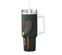 BLWSLC Tasse à double paroi en acier inoxydable avec poignée et couvercle et paille pour eau et café Motif balles de tennis et raquettes 1,2 l
