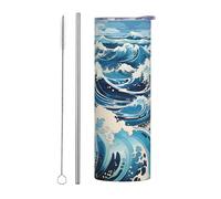 BLWSLC Tasse de voyage droite de 591 ml avec paille style Ukiyo-e imprimée vagues Convient pour le camping, le bureau et la maison