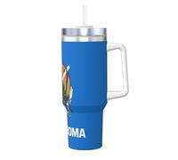 BLWSLC Tasse en acier inoxydable à double paroi imprimée drapeau de l'État de l'Oklahoma avec poignée couvercle et paille Convient pour l'eau et le café 1,2 l