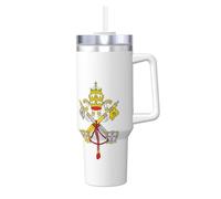 BLWSLC Tasse en acier inoxydable à double paroi imprimée drapeau du Vatican avec poignée couvercle et paille Convient pour l'eau et le café 1,2 l
