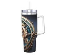 BLWSLC Tasse en acier inoxydable à double paroi imprimée engrenages steampunk cool 1,2 l avec poignée couvercle et paille adaptée pour l'eau et le café