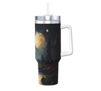 BLWSLC Tasse en acier inoxydable à double paroi imprimée lune, étoiles et planètes, 1 200 ml, avec poignée, couvercle et paille, convient pour l'eau et le café