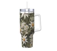 BLWSLC Tasse en acier inoxydable à double paroi imprimée Nordic Edelweiss avec couvercle à poignée et paille - Convient pour l'eau et le café - 1,2 l