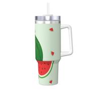 BLWSLC Tasse en acier inoxydable à double paroi imprimée pastèque de dessin animé avec couvercle à poignée et paille pour l'eau et le café