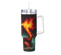 BLWSLC Tasse en acier inoxydable à double paroi imprimée Roi dragon dans le feu avec poignée couvercle et paille Convient pour l'eau et le café 1,2 l