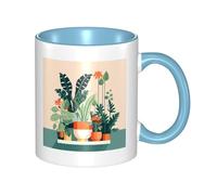 BLWSLC Tasse en céramique bleu ciel imprimée petite plante verte avec poignée incurvée, adaptée pour le bureau et le quotidien.
