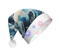 BLWSLC Ukiyo-e Style Waves Chapeau de Père Noël lumineux pour adulte avec lumières LED Convient pour Noël, Nouvel An et autres fêtes de fin d'année