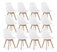 BM Home Lot de 12 Chaises Tulipes Scandinaves en Cuir Synthétique Blanc pour Salle à Manger et Bureau, Pieds en Bois de Hêtre Massif, Style Élégant et Raffiné
