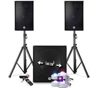 BM Sonic Kit Sono DJ Complet 2400W - 2 Enceintes + Caisson + Pieds - USB Bluetooth - 4 Jeux de Lumières Strobo Flash