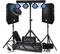 BM Sonic Pack Sono 3200W Complet Paire Enceintes Passives 2x600W Table de Mixage Portique 4 Lumières TEOS OVNI LED Salle Fêtes